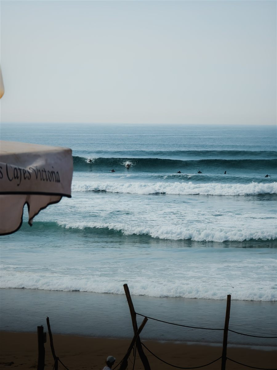 Surfers waiting for a wave off a sandy beach