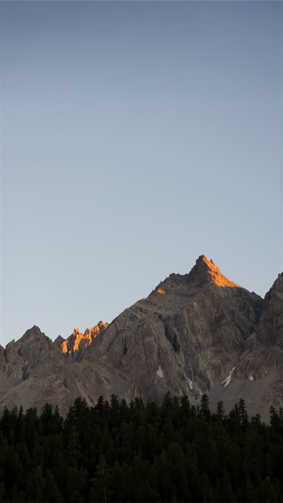 Rocky peak above a pine forest